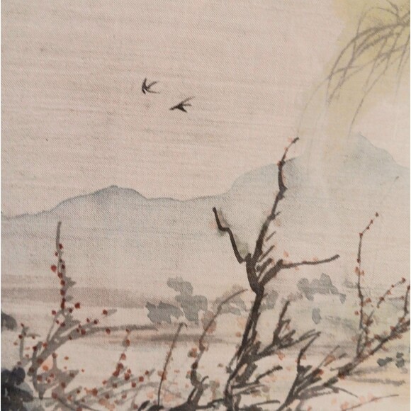Vintage Chinese Asian Paintings on Silk Woman in Landscape Gold Frame Set of Two - Picture 11 of 16